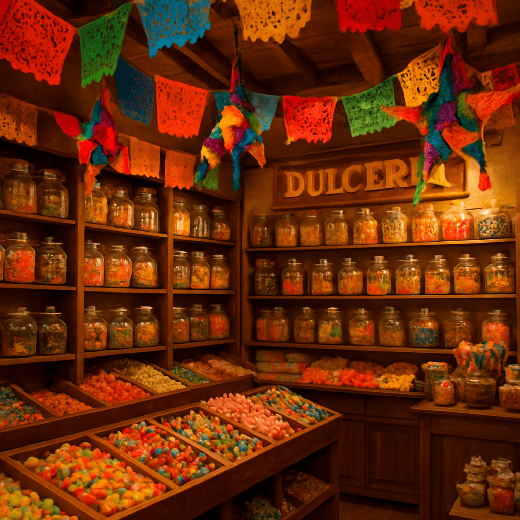 Interior acogedor de la Dulceria La Monarca lleno de dulces